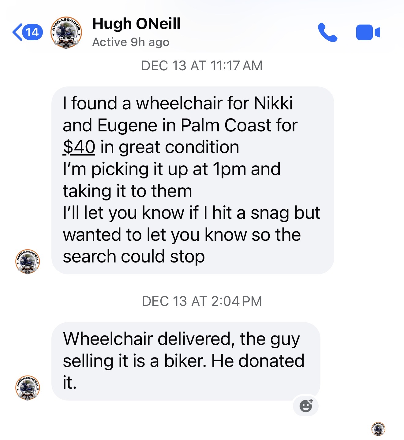 Support Bikers member find wheelchair for accident victim. 