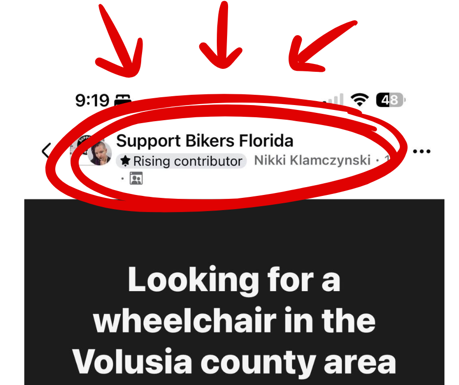 Wife reached out to Support Bikers Florida Facebook group for help finding a wheelchair for her husband who was in a motorcycle accident