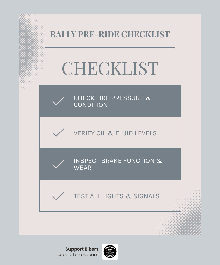 Infographic of various Harley Davidson motorcycles at a rally, with a calendar overlay highlighting key 2025 rally dates and locations. - Harley Davidson rally infographic checklist-light-blue-grey