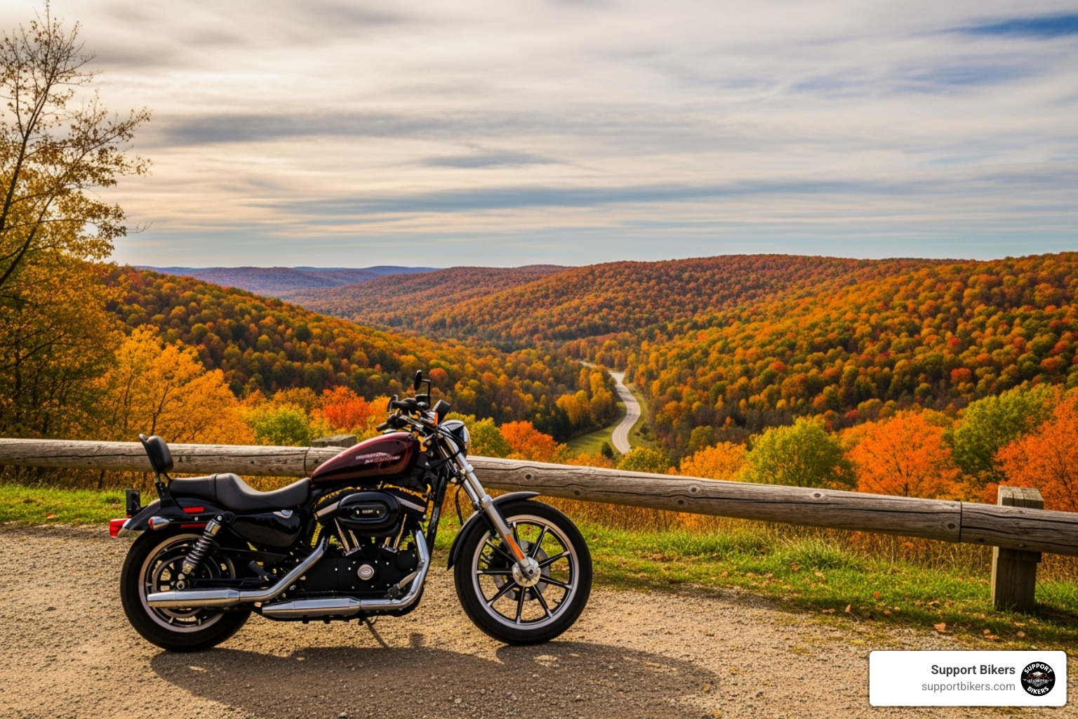 Motorcycle at scenic overlook in Wisconsin - How to find fall motorcycle rides in my state