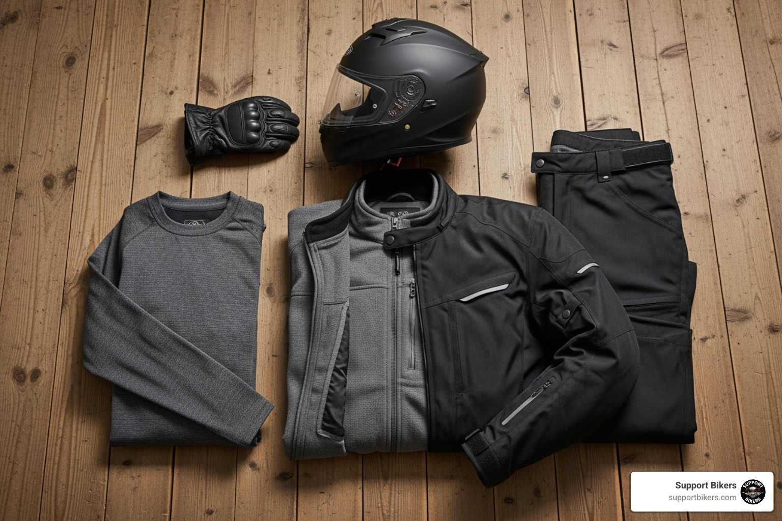 different layers of motorcycle gear (base, mid, outer shell) laid out on a wooden floor -  keep warm when riding in the winter