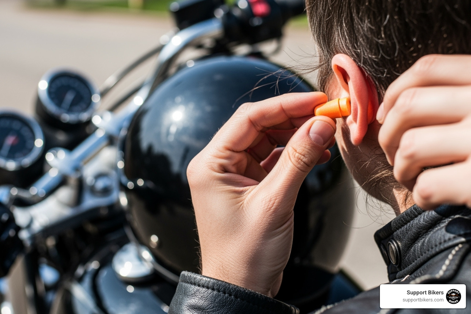 a rider putting in earplugs before a ride - Motorcycle safety gear