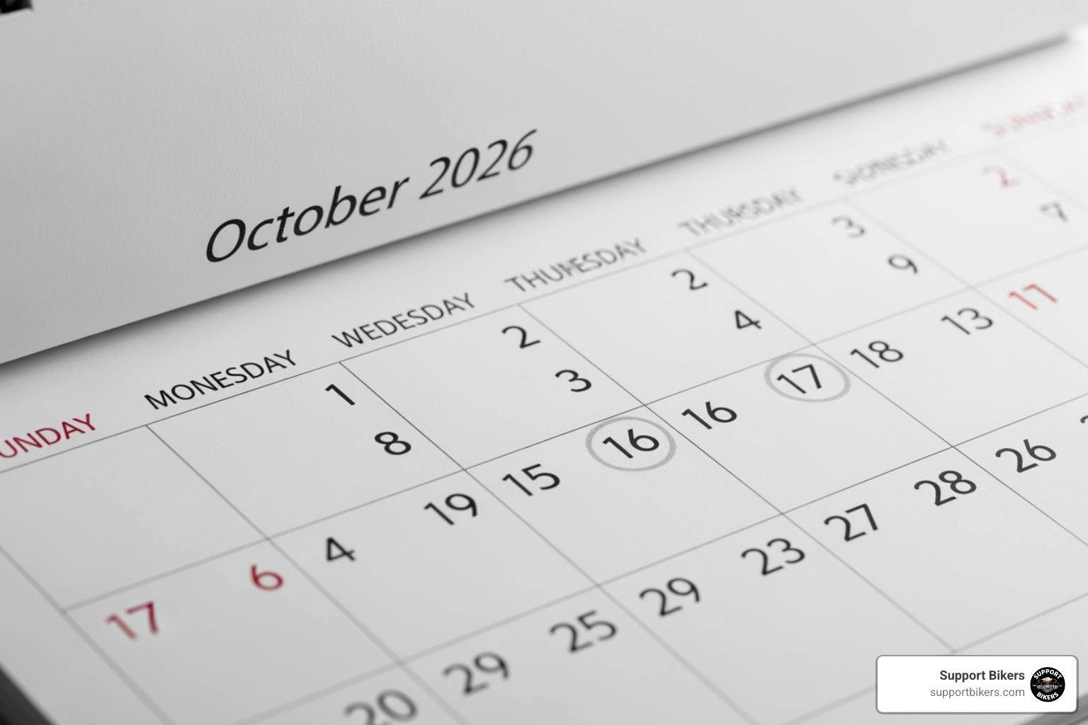 Calendar page showing October 2026 with Biketoberfest dates highlighted - Biketoberfest 2026 dates