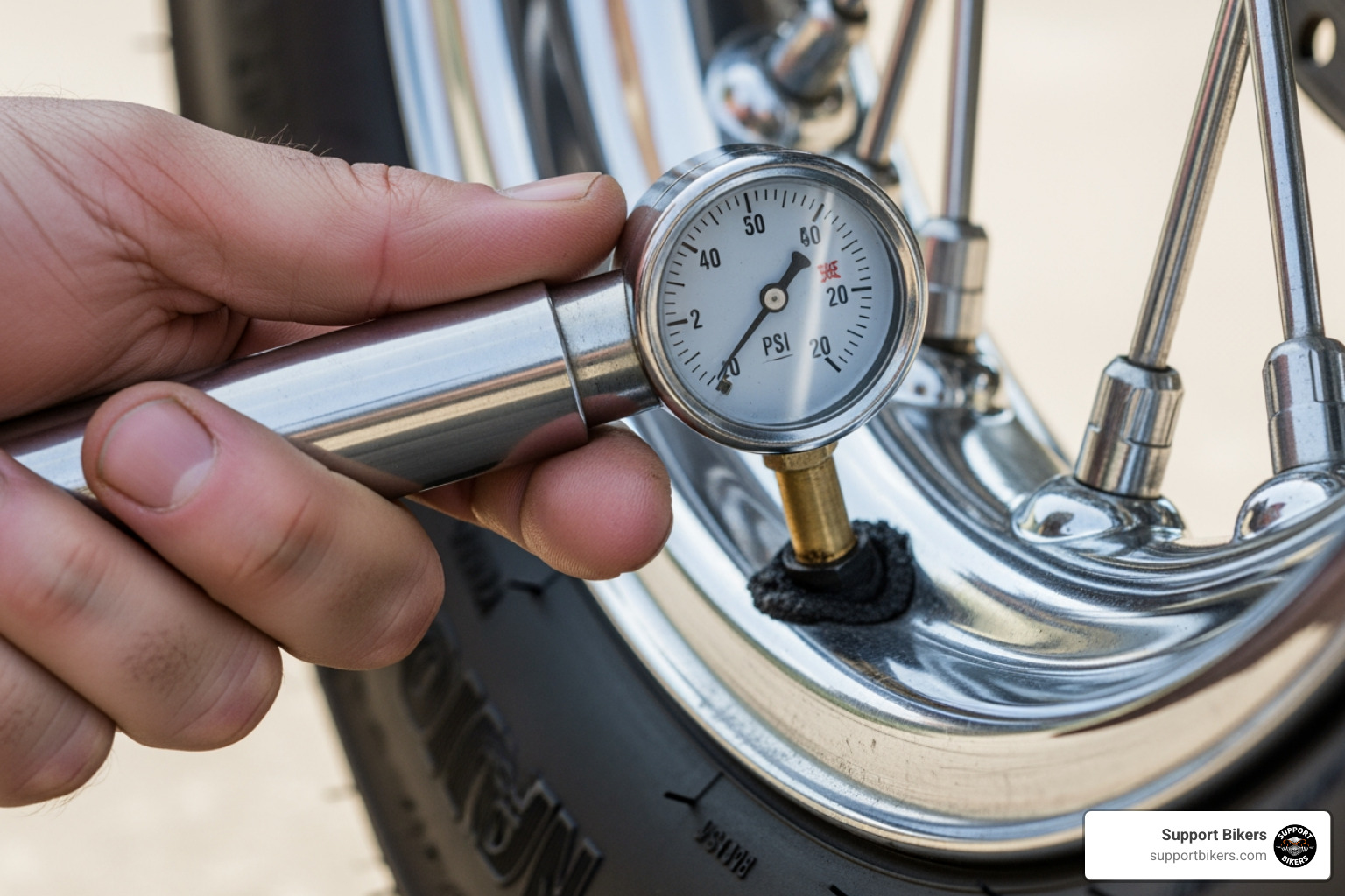 A hand with a tire pressure gauge checking an American motorcycle's tire - motorcycle yearly maintenance