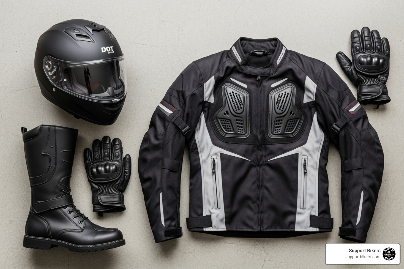 Essential motorcycle safety gear laid out: a DOT-approved helmet, armored jacket, full-finger gloves, and sturdy over-the-ankle boots - learn to ride a bike