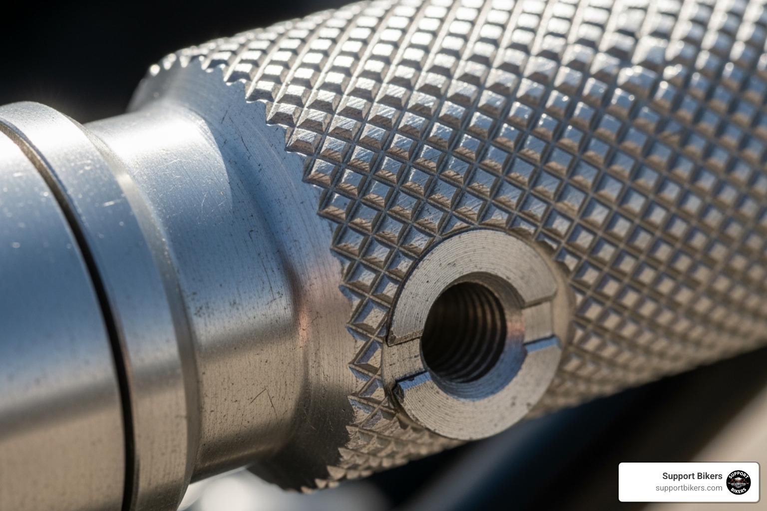 Close-up on handlebar knurling and a wiring exit point - motorcycle bar