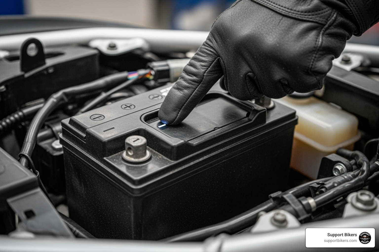 person wearing gloves pointing to the negative terminal on a motorcycle battery - disconnect motorcycle battery person wearing gloves pointing to the negative terminal on a motorcycle battery - disconnect motorcycle battery