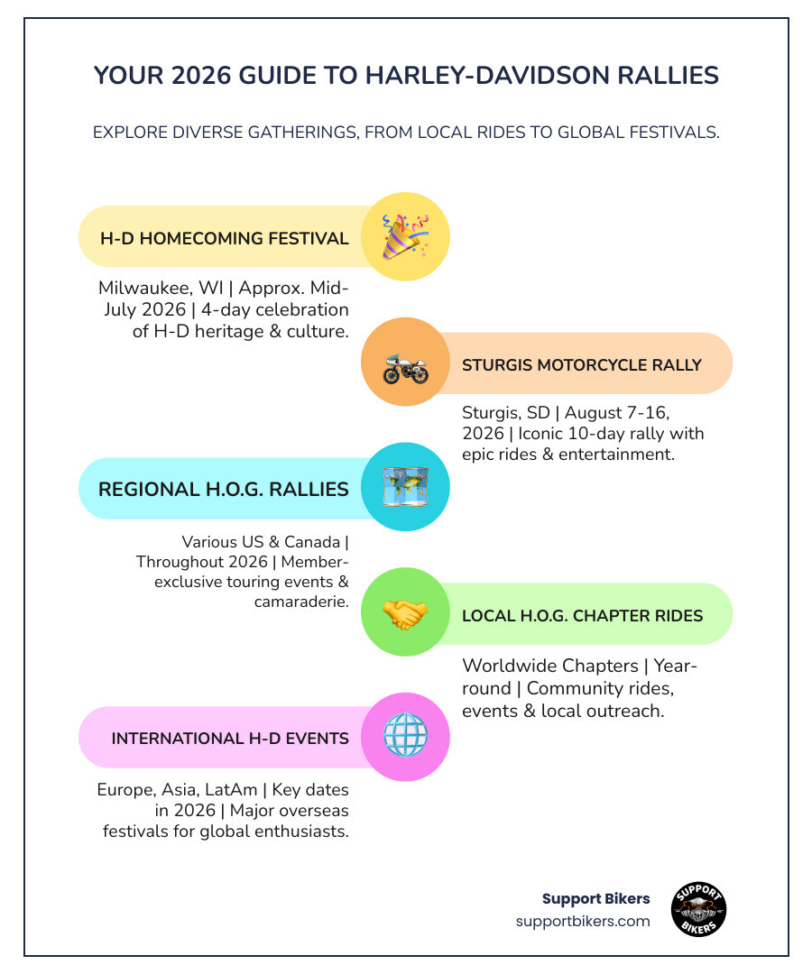 Infographic showing different types of Harley Davidson rallies including H-D Homecoming 4-day festival, Sturgis 10-day rally, regional H.O.G. touring rallies, local chapter rides, and international events with dates, locations, and key features for each type - Harley Davidson rally infographic infographic-line-5-steps-colors