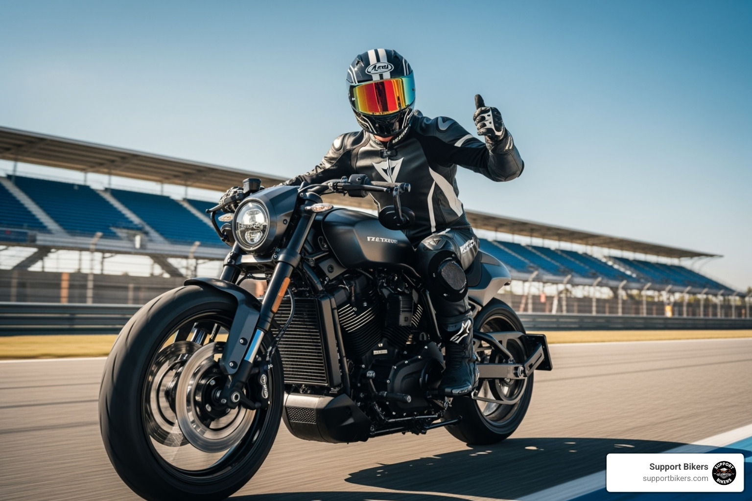 rider on an American-style motorcycle giving a thumbs-up on a track - motorcycle racing near me