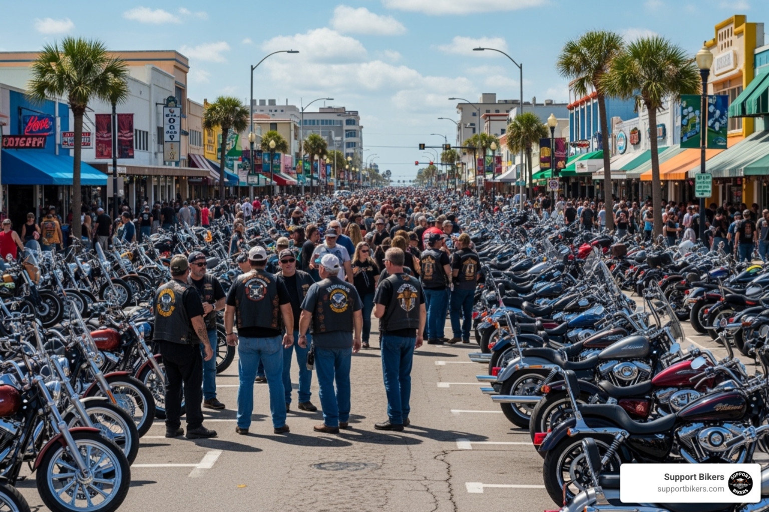 A crowded Main Street in Daytona Beach during a bike rally, showcasing American style motorcycles lining the street and people walking around. - daytona beach biketoberfest 2025 dates