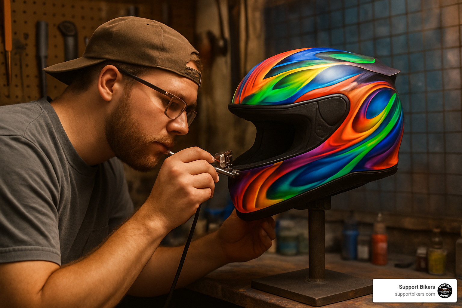 airbrush artist working on custom motorcycle helmet - custom painted street bike helmets