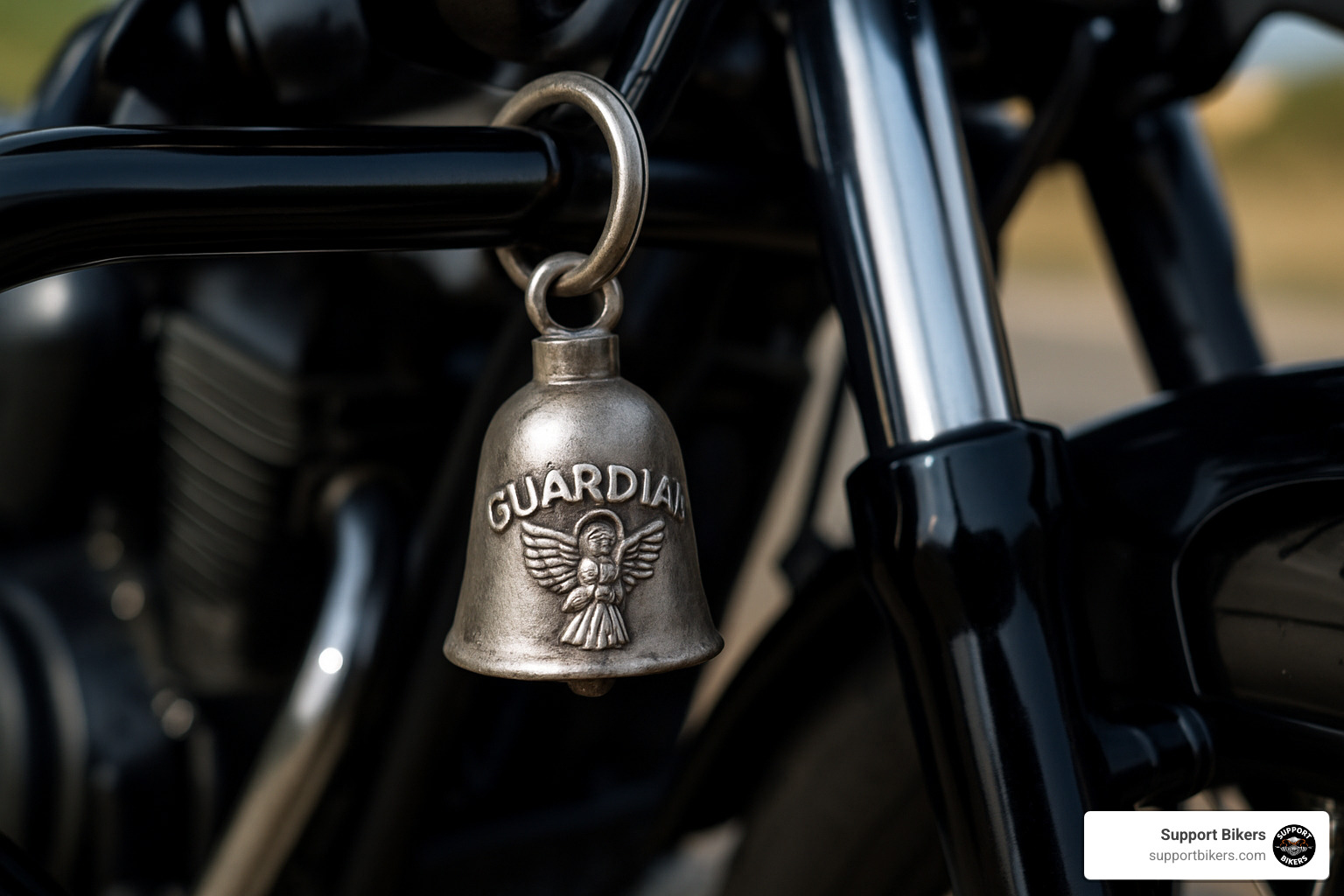 motorcycle guardian bell mounted on crash bar - guardian angel bells for motorcycles