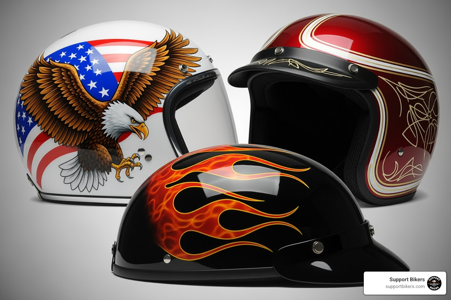 a collage showcasing different customization types for American style motorcycle helmets: a detailed airbrushed helmet with flames, a helmet with intricate vinyl decals of a bald eagle, and one with classic pinstriping - custom motorcycle helmets