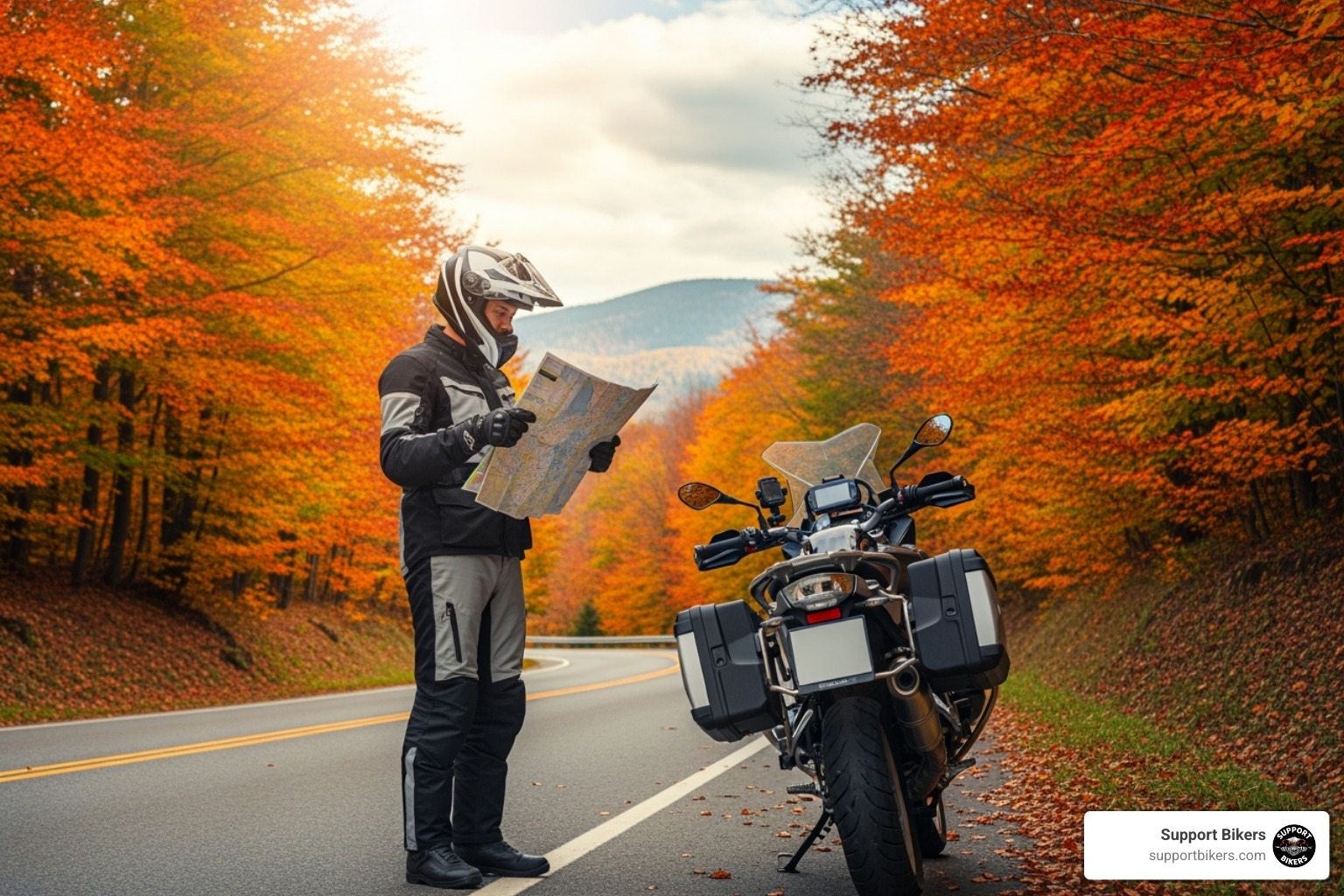 Motorcyclist looking at map - How to find fall motorcycle rides in my state