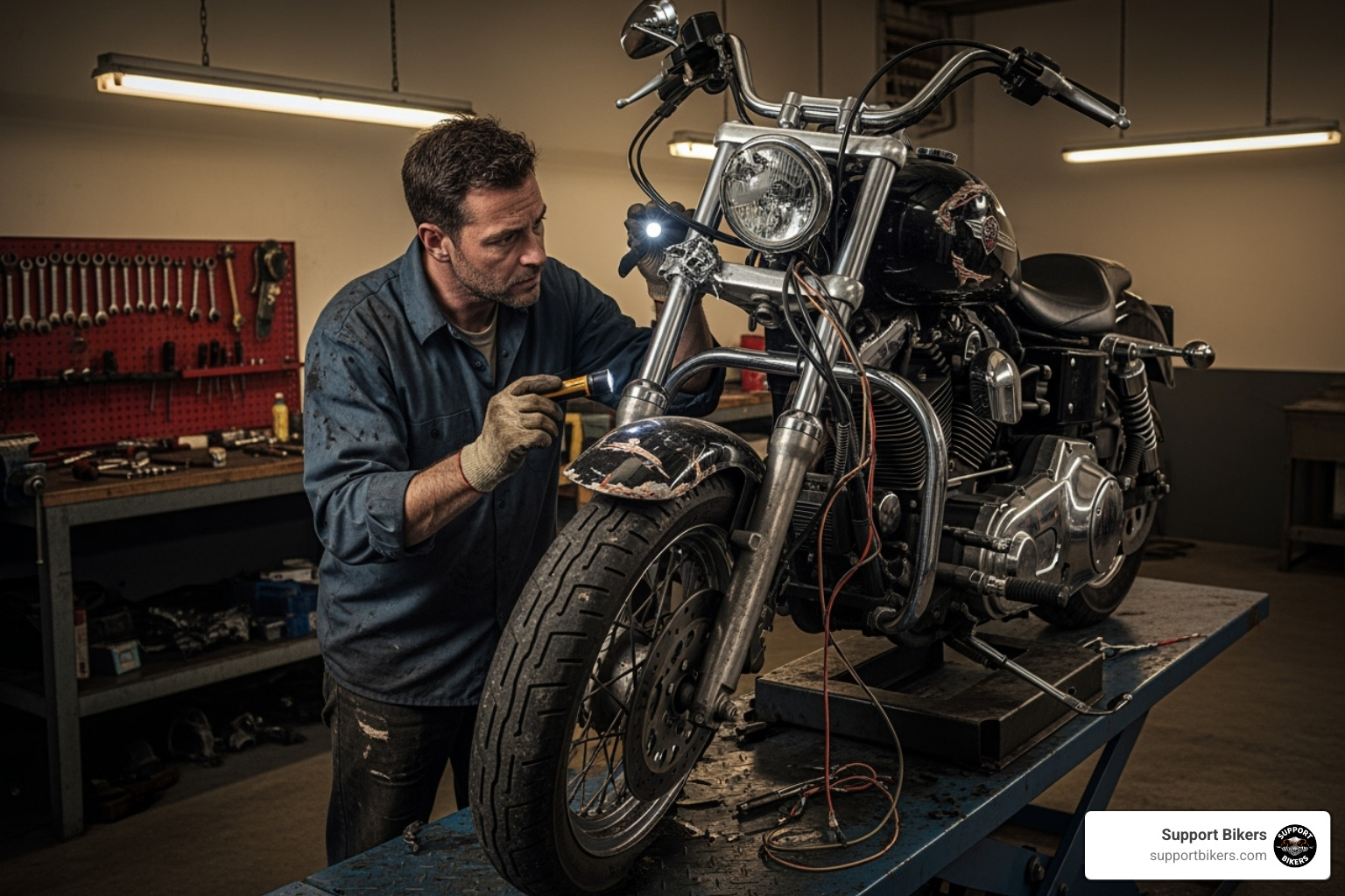 mechanic inspecting a damaged American-style motorcycle on a lift - how to appeal insurance denial