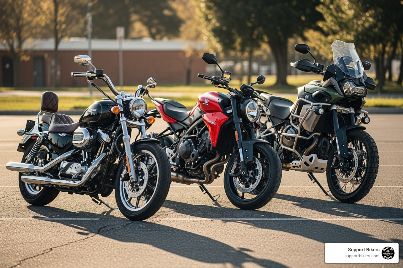 three different American-style motorcycles lined up: a cruiser, a naked bike, and an adventure bike - Best used beginner motorcycle three different American-style motorcycles lined up: a cruiser, a naked bike, and an adventure bike - Best used beginner motorcycle