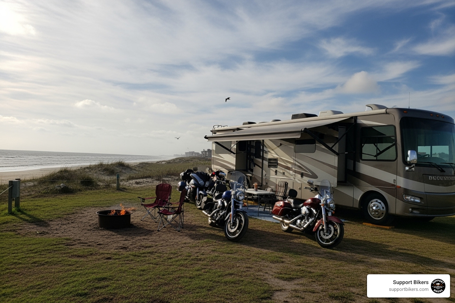 RV campsite with motorcycles near Galveston - lone star rally 2025 dates
