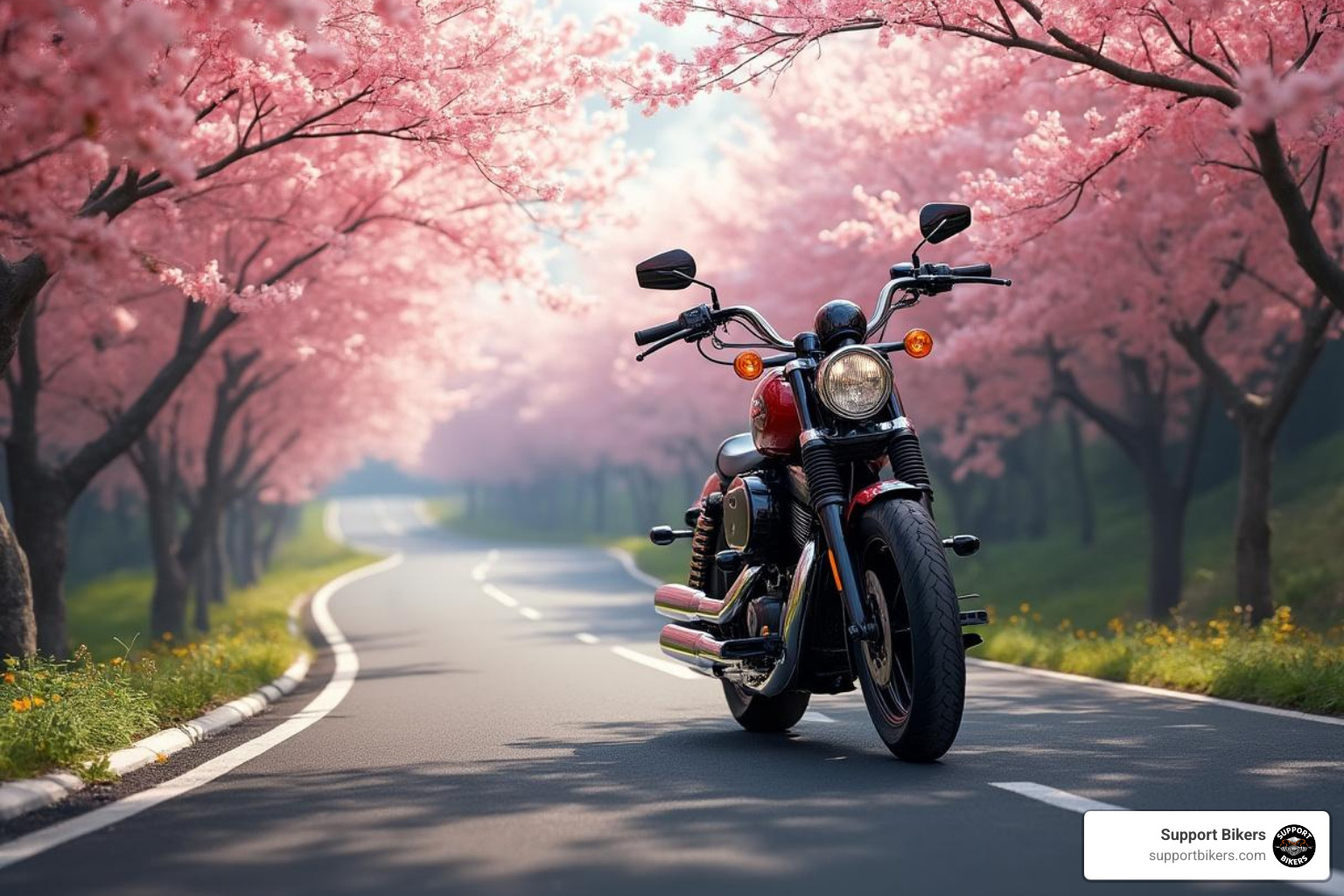 solo cruiser on a winding road with cherry blossoms. - motorcycle events may 2025