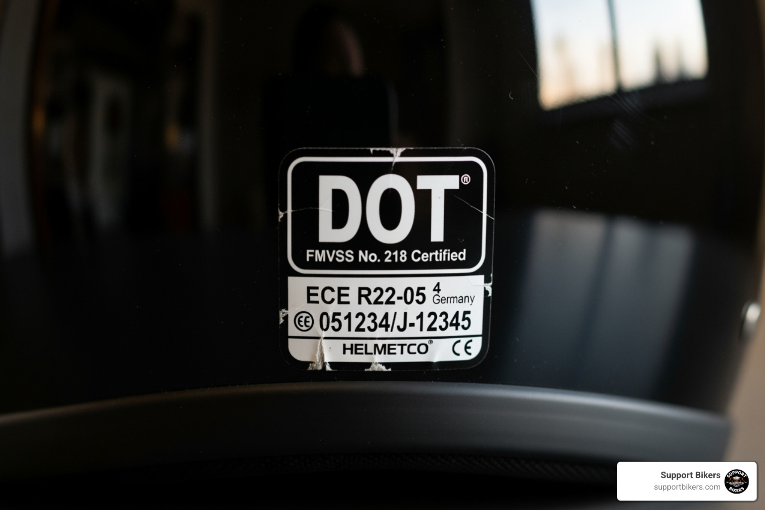 a DOT and ECE certification sticker on the back of an American style motorcycle helmet - custom motorcycle helmets