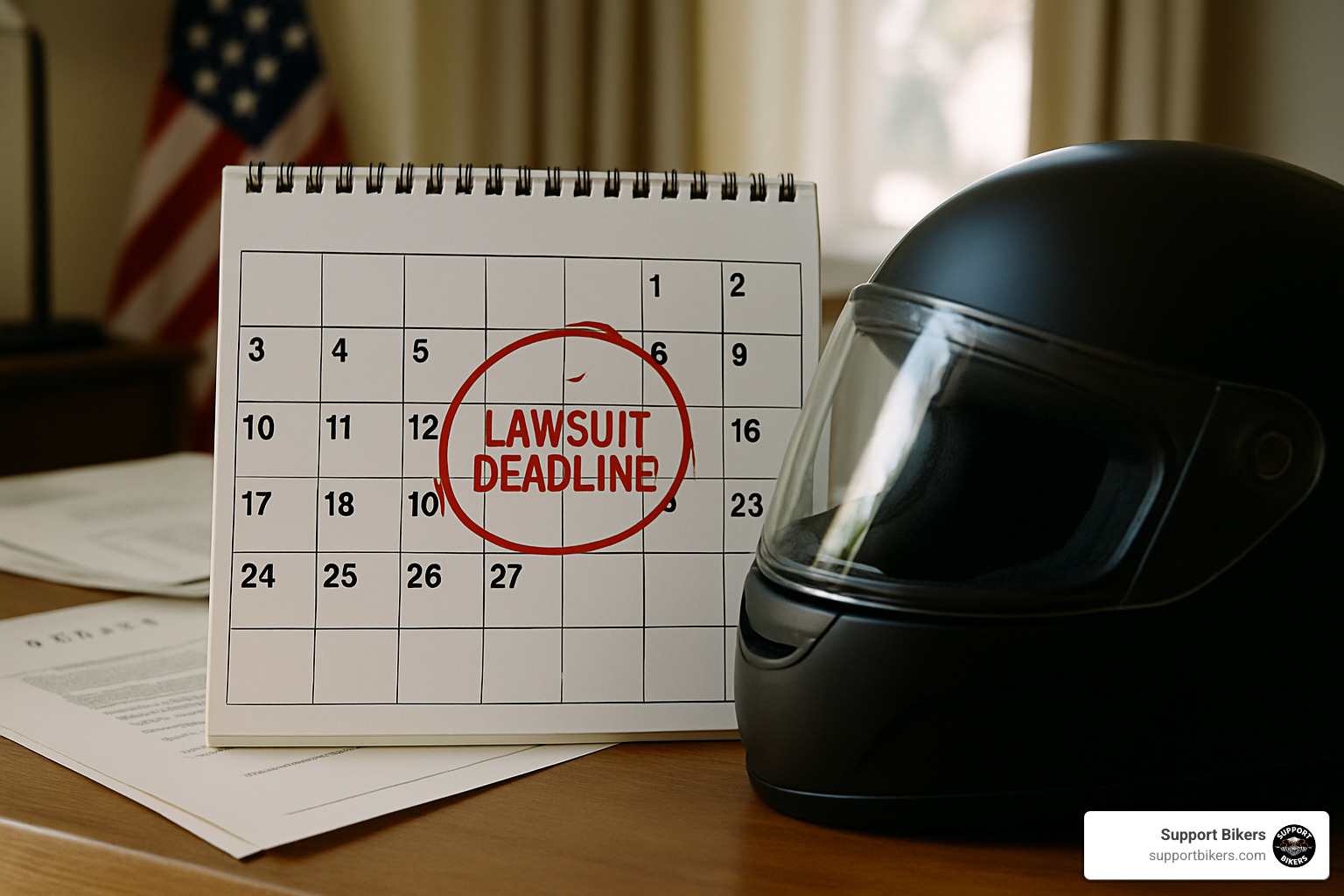 calendar with lawsuit deadline circled and motorcycle helmet in foreground - can I sue motorcycle accident
