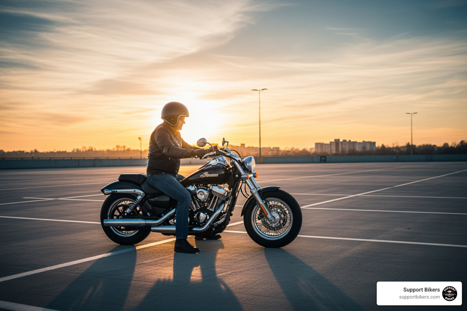 New rider on American cruiser motorcycle in empty parking lot at sunrise - learn to ride a bike