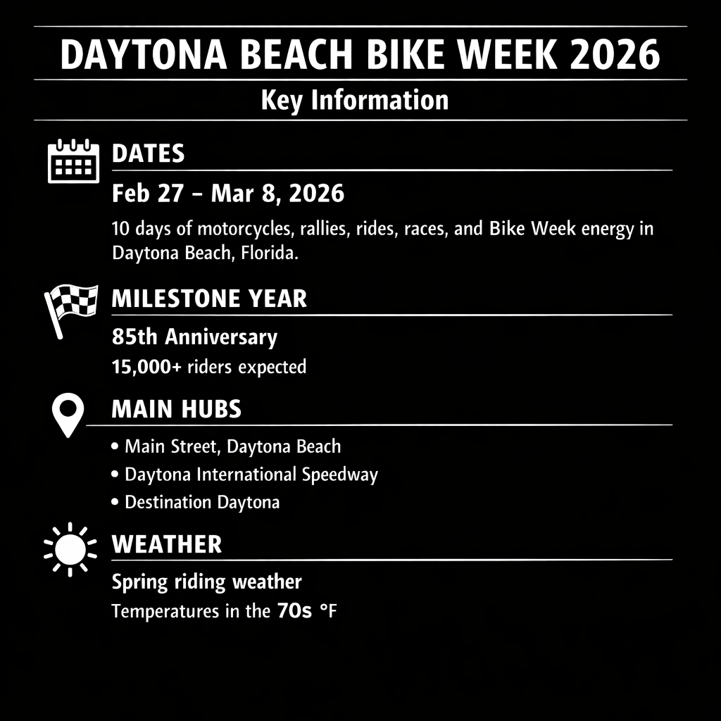 Infographic showing Daytona Bike Week 2026 key information - Daytona Bike Week 2026 infographic