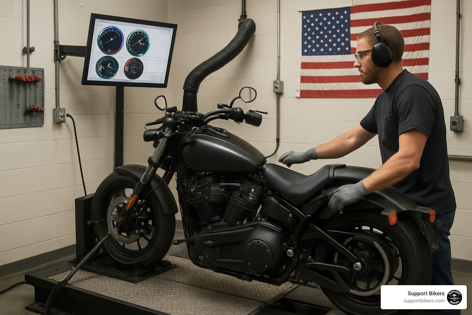 motorcycle on dynamometer with technician - Motorcycle engine tuning