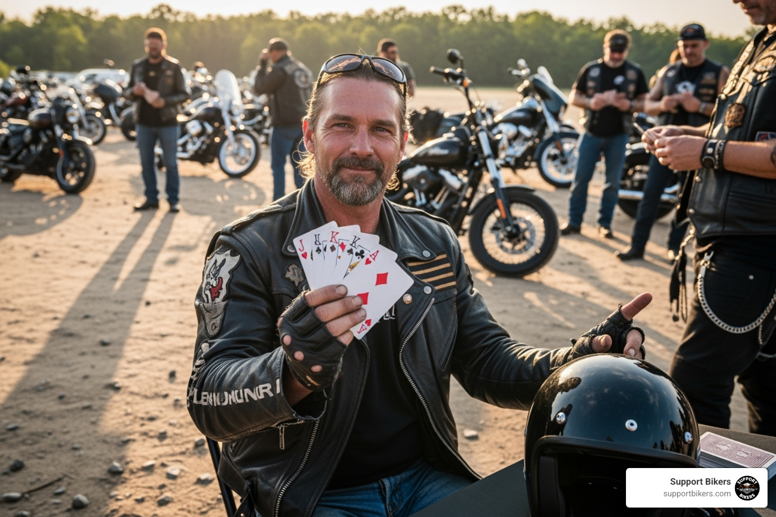 biker showing their winning poker hand at a poker run event - biker fundraising events
