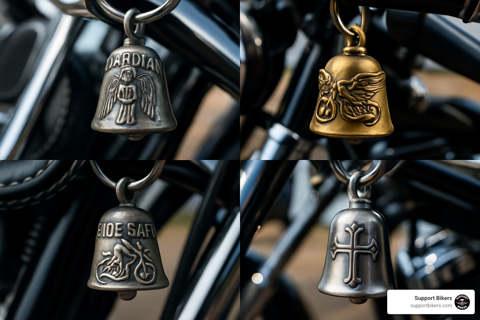 collage of top motorcycle bell designs - guardian angel bells for motorcycles