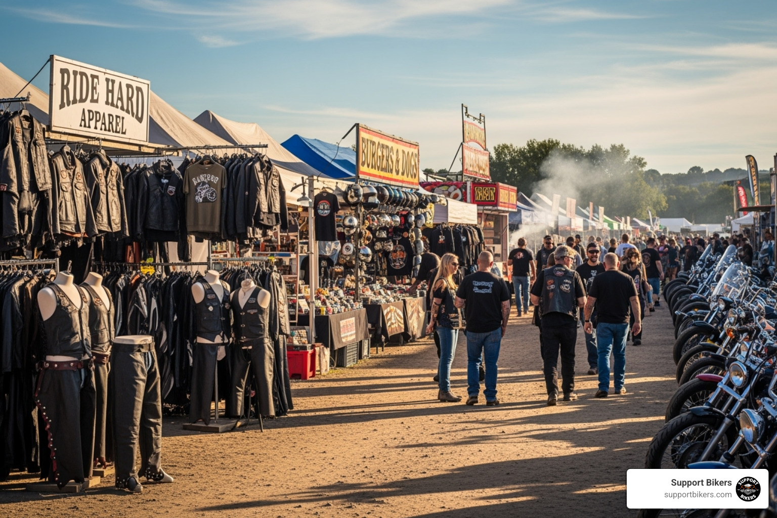 Various vendor stalls at a motorcycle rally, selling biker apparel, accessories, and food - 11th Annual Colonial Beach Bike Fest Various vendor stalls at a motorcycle rally, selling biker apparel, accessories, and food - 11th Annual Colonial Beach Bike Fest