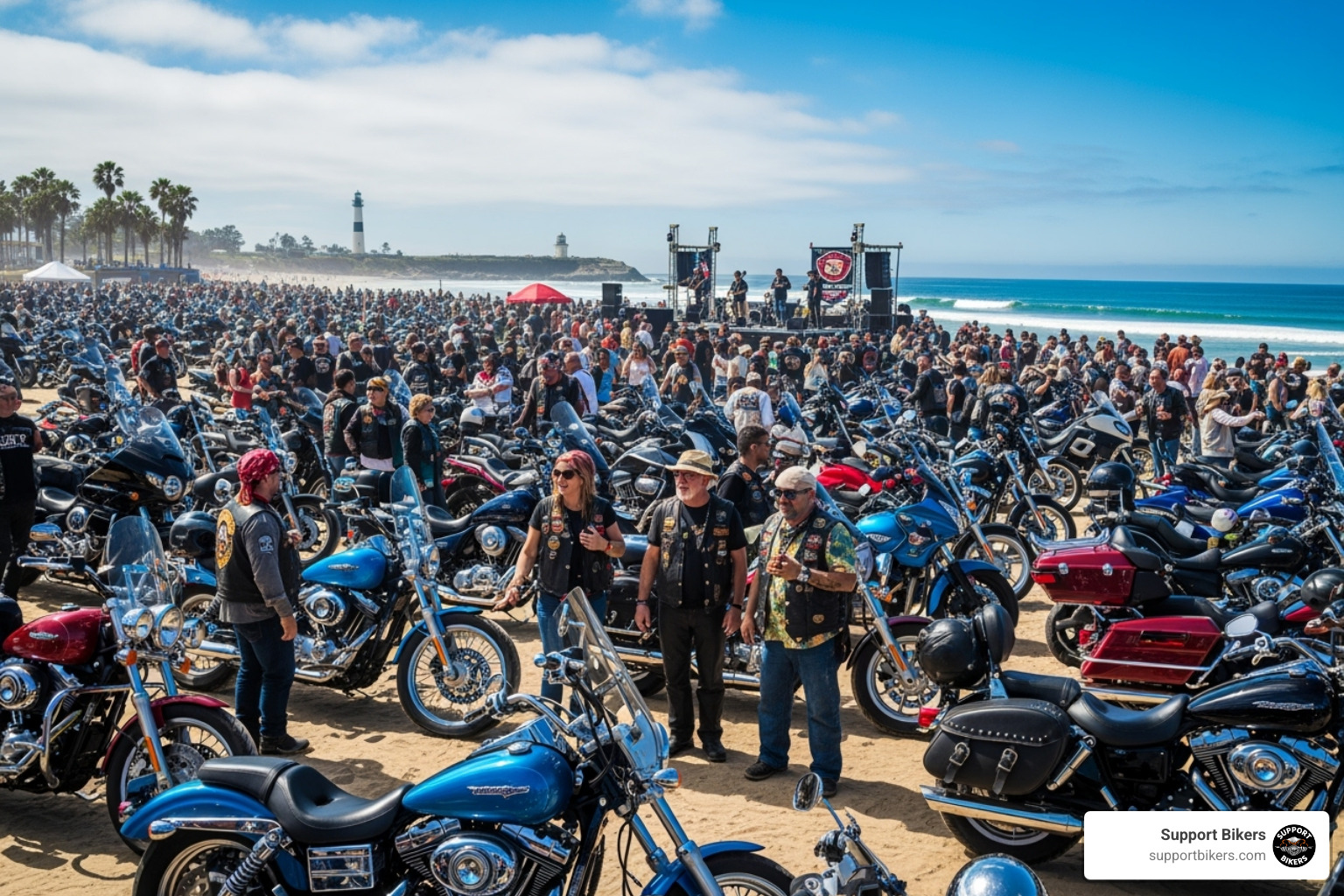 large crowd of motorcycles and people at a beachside rally. - motorcycle events may 2025