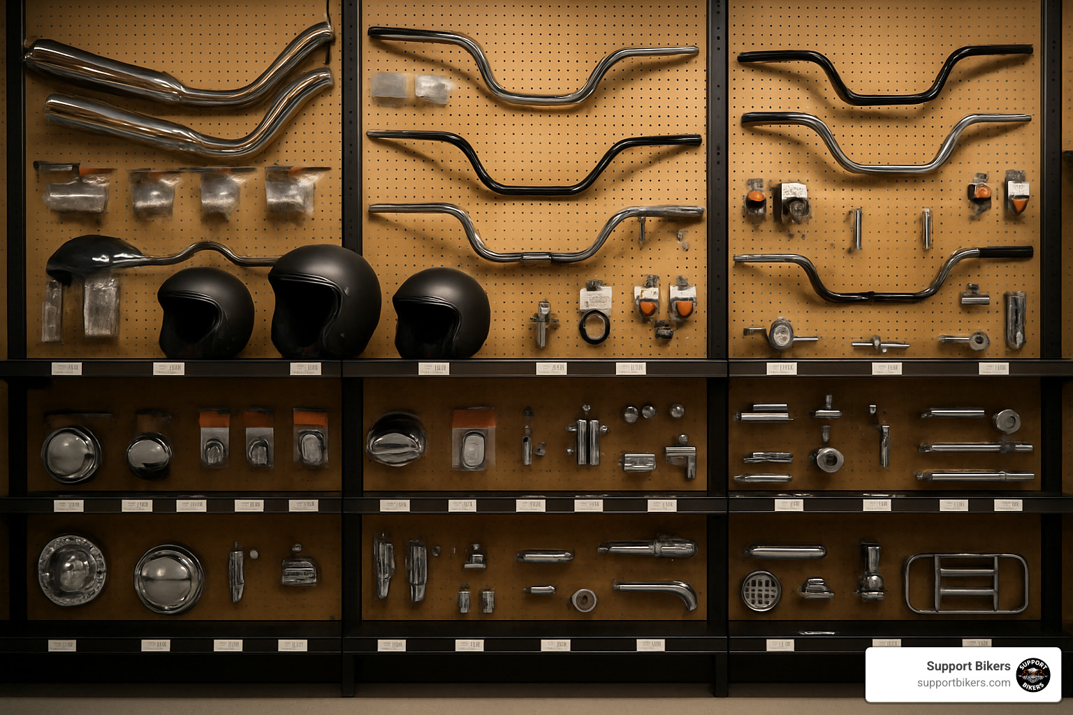 motorcycle parts wall with organized inventory - motorcycle business directory