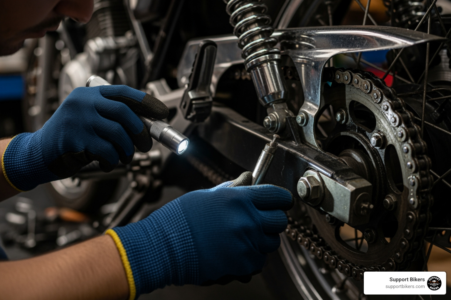 biker inspecting motorcycle chain - Worn chain symptoms