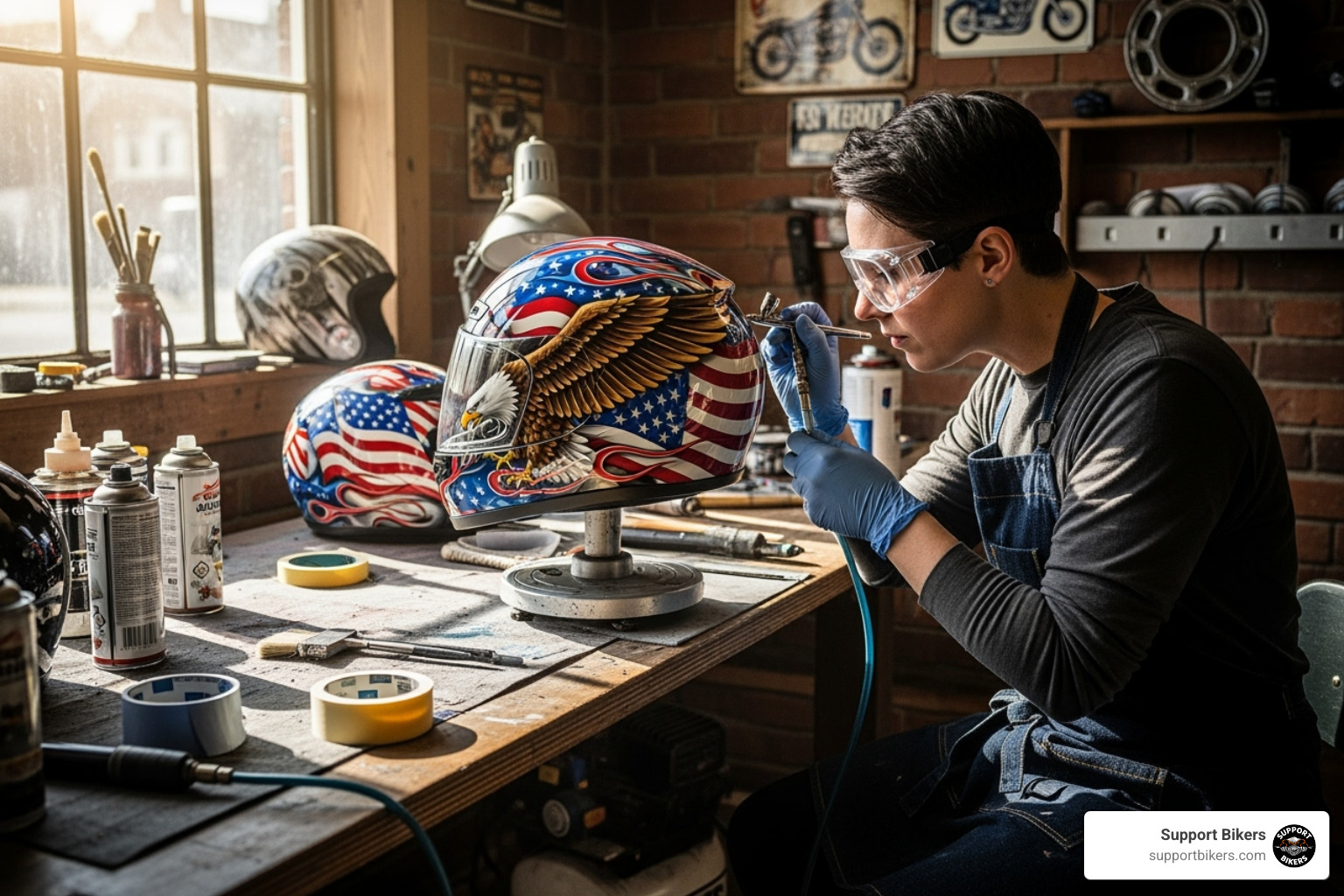 an artist in a workshop carefully airbrushing a complex design onto an American style motorcycle helmet - custom motorcycle helmets