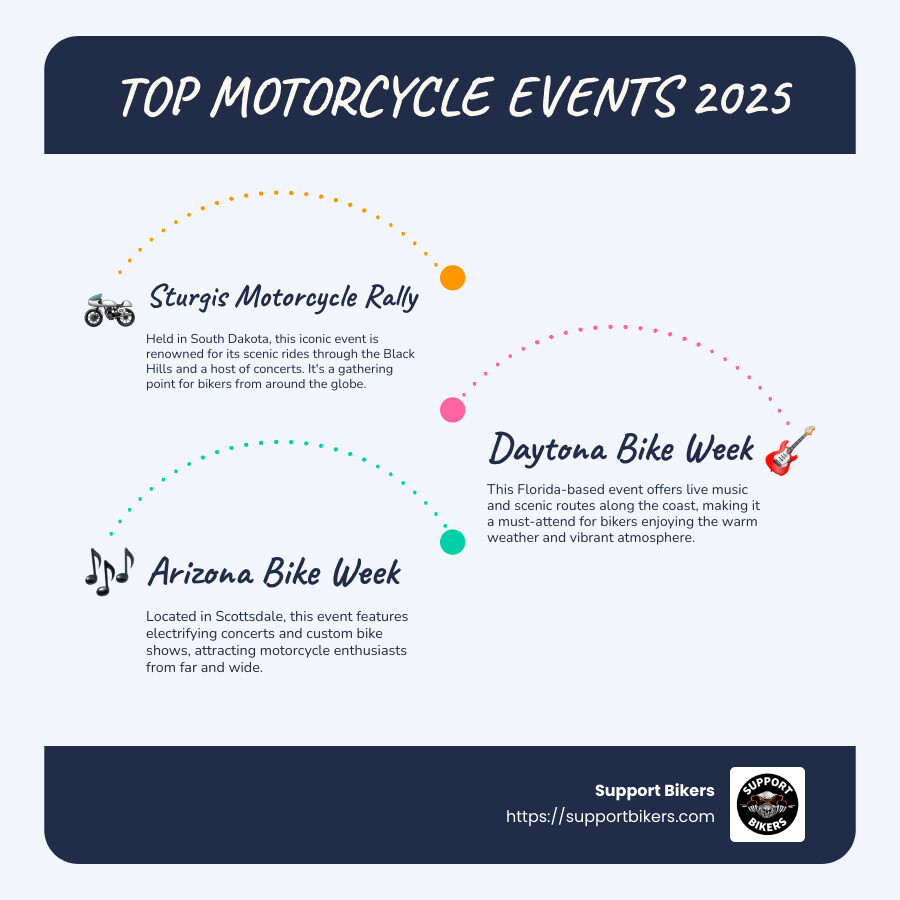 A map showing locations of major motorcycle events in the USA - motorcycle events 2025 infographic infographic-line-3-steps-blues-accent_colors