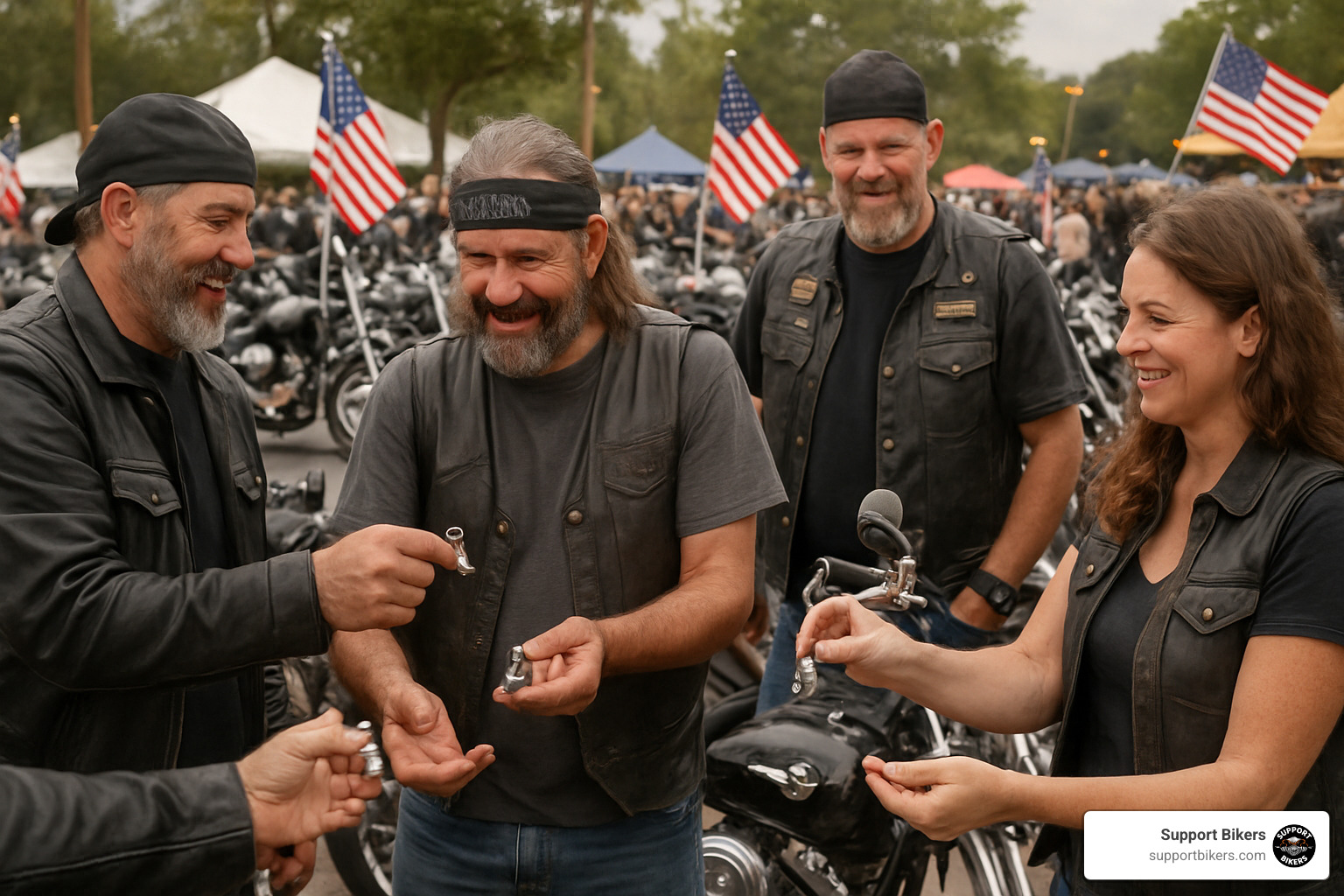 riders exchanging gremlin bells at rally - gremlin bell tradition