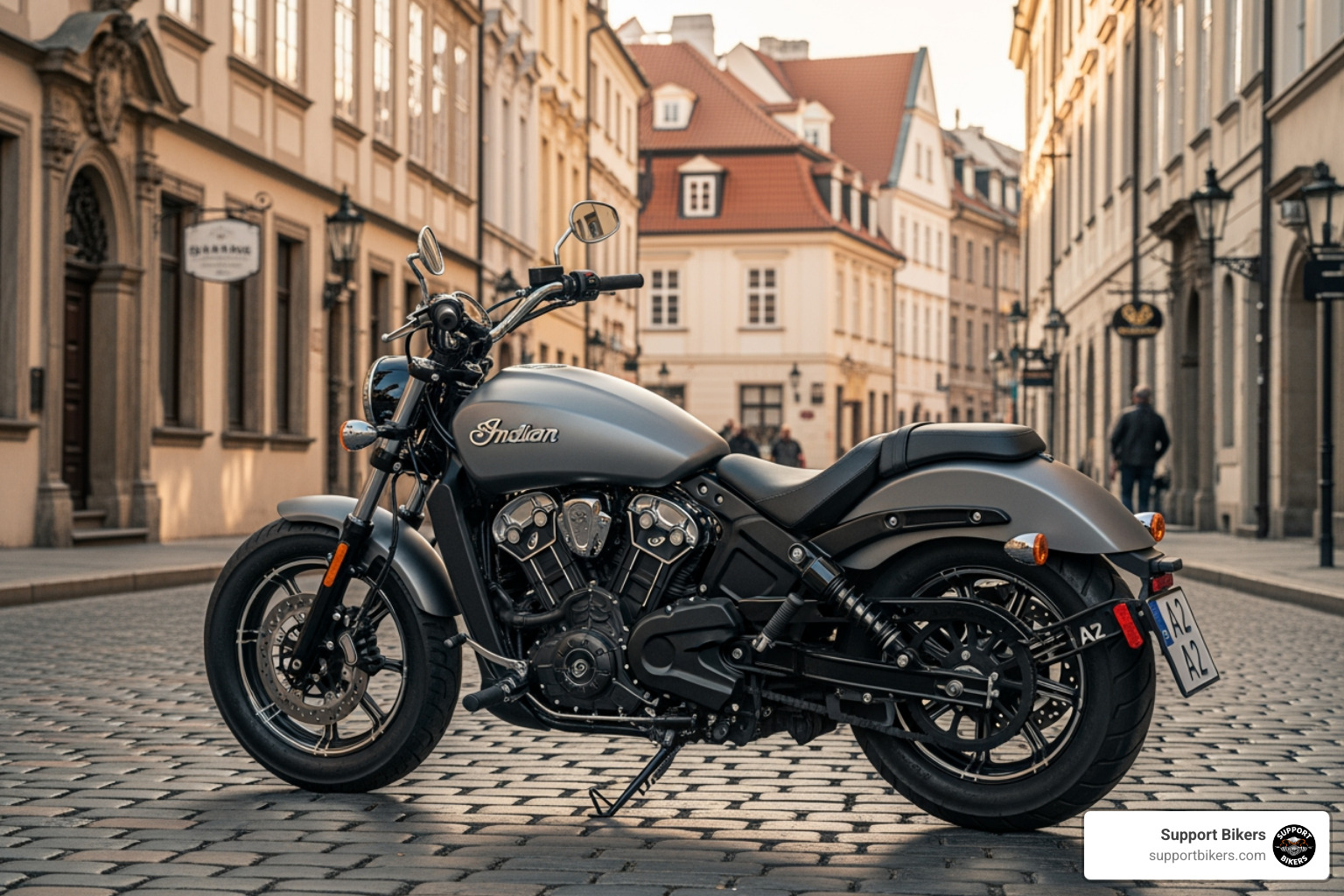 mid-size motorcycle like a Harley-Davidson Street 750 or Indian Scout Sixty, suitable for A2 restrictions, in a European setting - a2 motorbike license mid-size motorcycle like a Harley-Davidson Street 750 or Indian Scout Sixty, suitable for A2 restrictions, in a European setting - a2 motorbike license