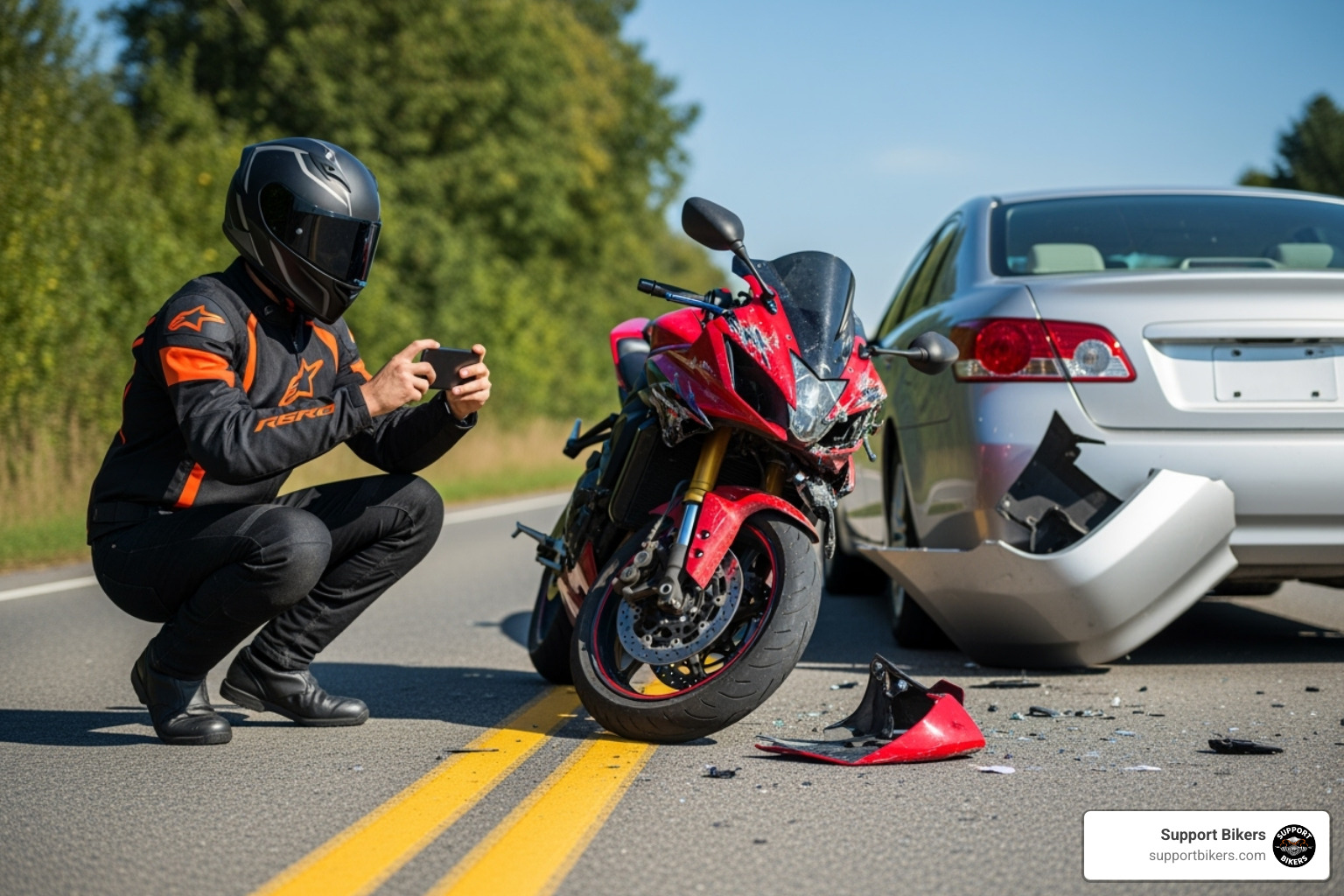 a rider using a smartphone to photograph their damaged motorcycle and the other vehicle - motorcycle accident help