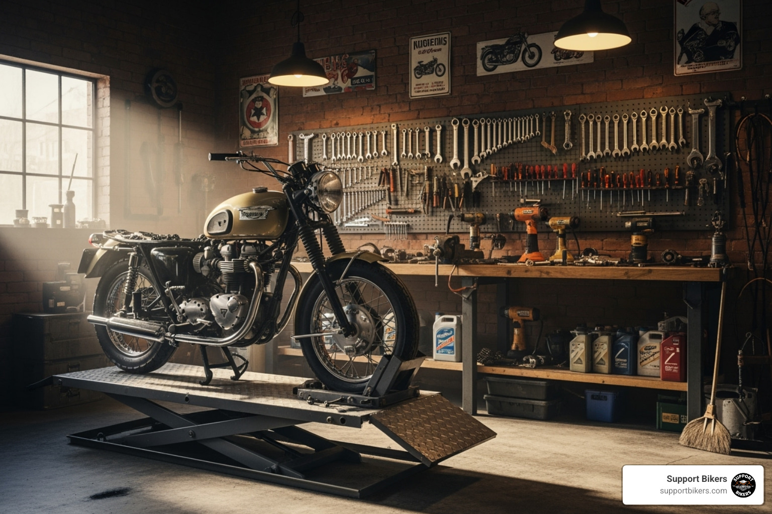 of a classic independent motorcycle garage with a bike on a lift and tools neatly organized. - motorcycle repair shops near me