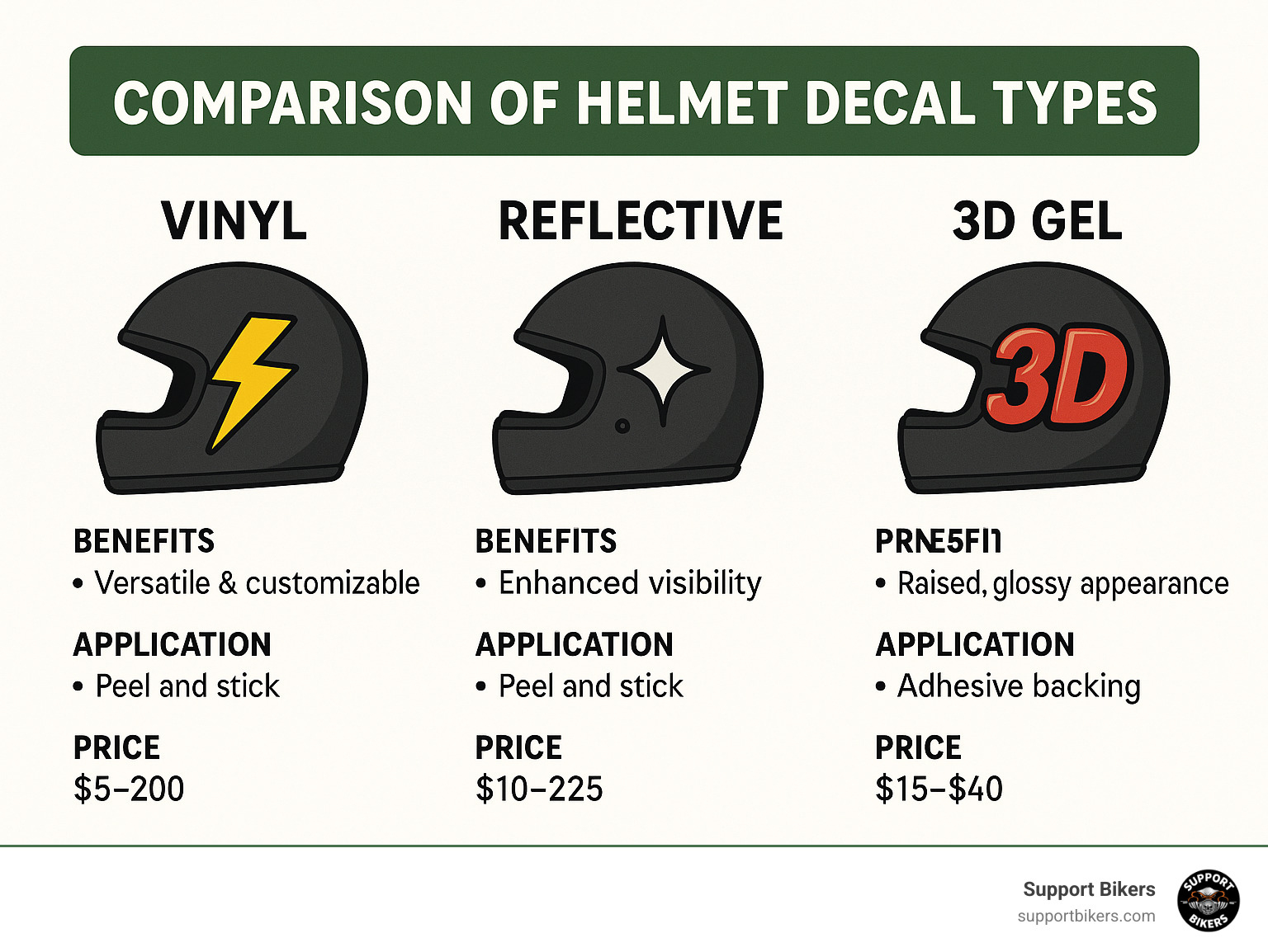 Comparison of helmet decal types showing vinyl, reflective and 3D gel options with their benefits, application methods, and typical price points - custom motorcycle helmet decals infographic 