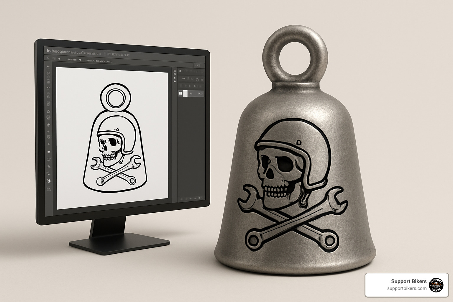 digital mockup of custom motorcycle bell - Custom motorcycle bells