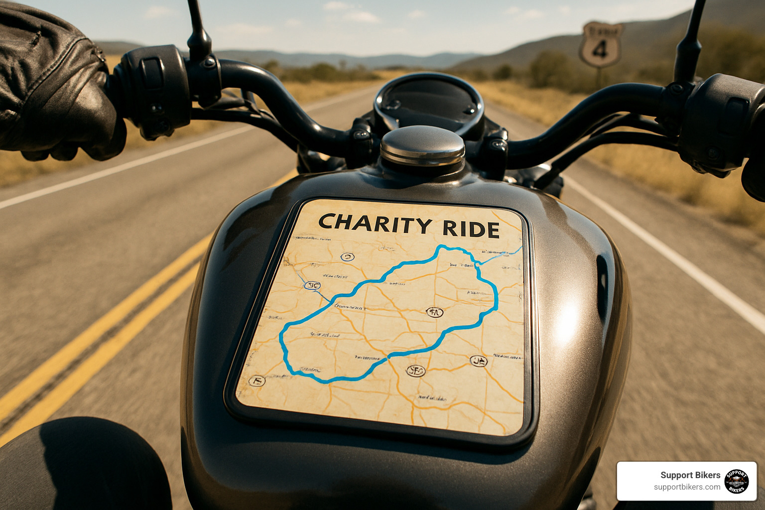 Route map displayed on motorcycle tank showing charity ride path - motorcycle ride for charity