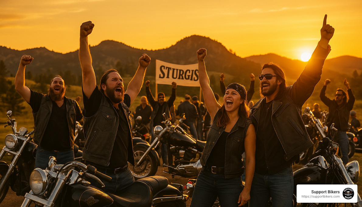 Riders celebrating at Sturgis sunset gathering - sturgis 2025 dates