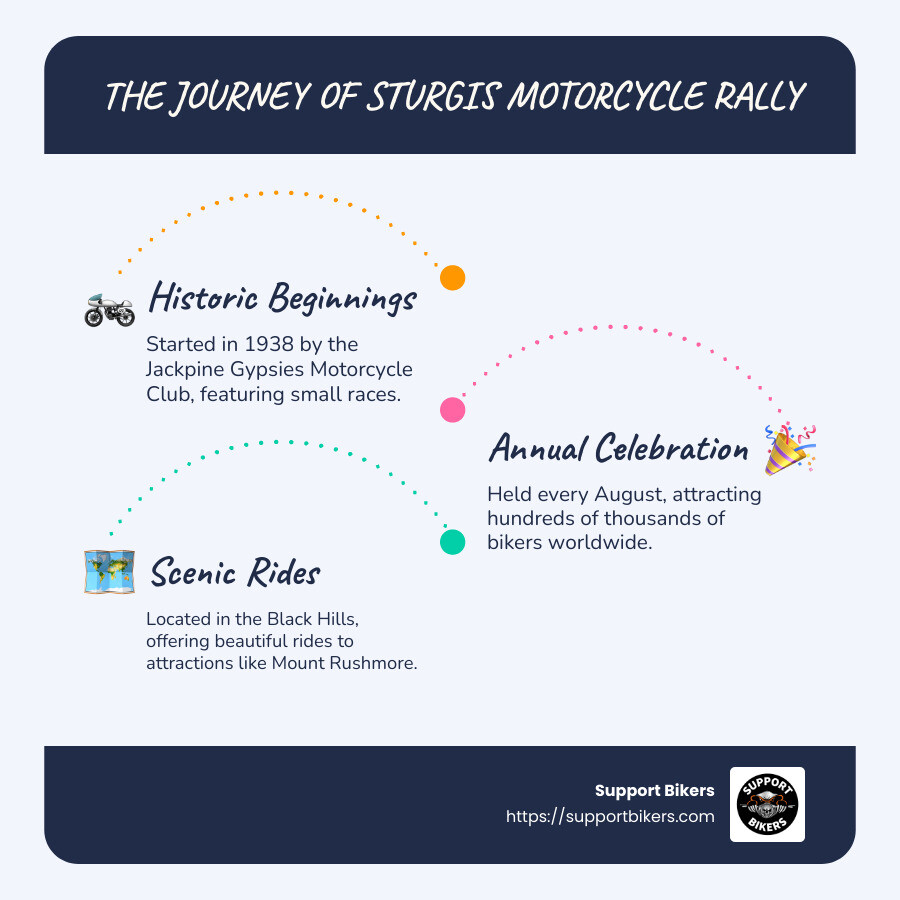 Overview infographic: History, Activities, Attractions - sturgis motorcycle rally infographic infographic-line-3-steps-blues-accent_colors
