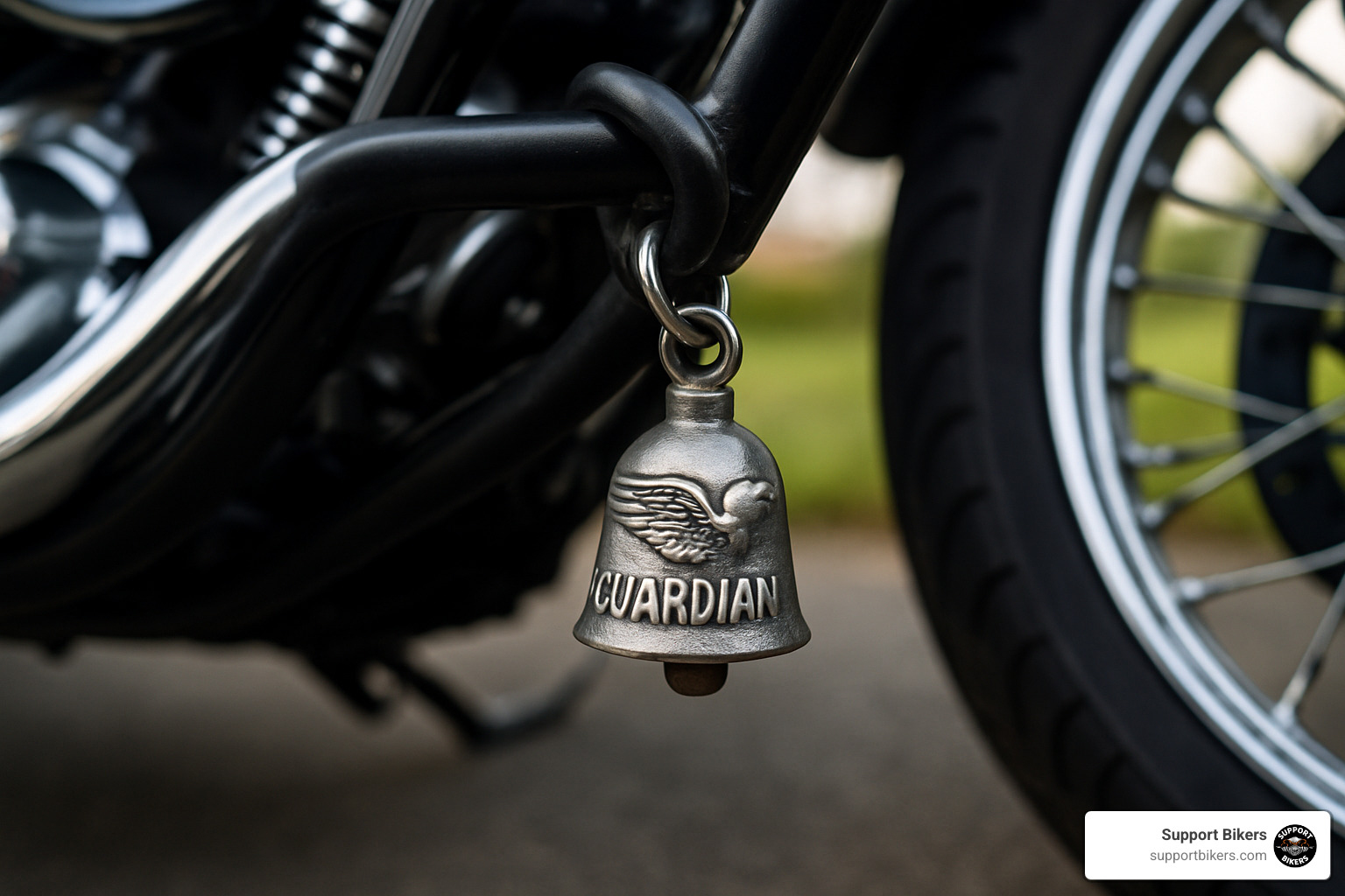 guardian bell mounted near motorcycle front axle - dad guardian bell