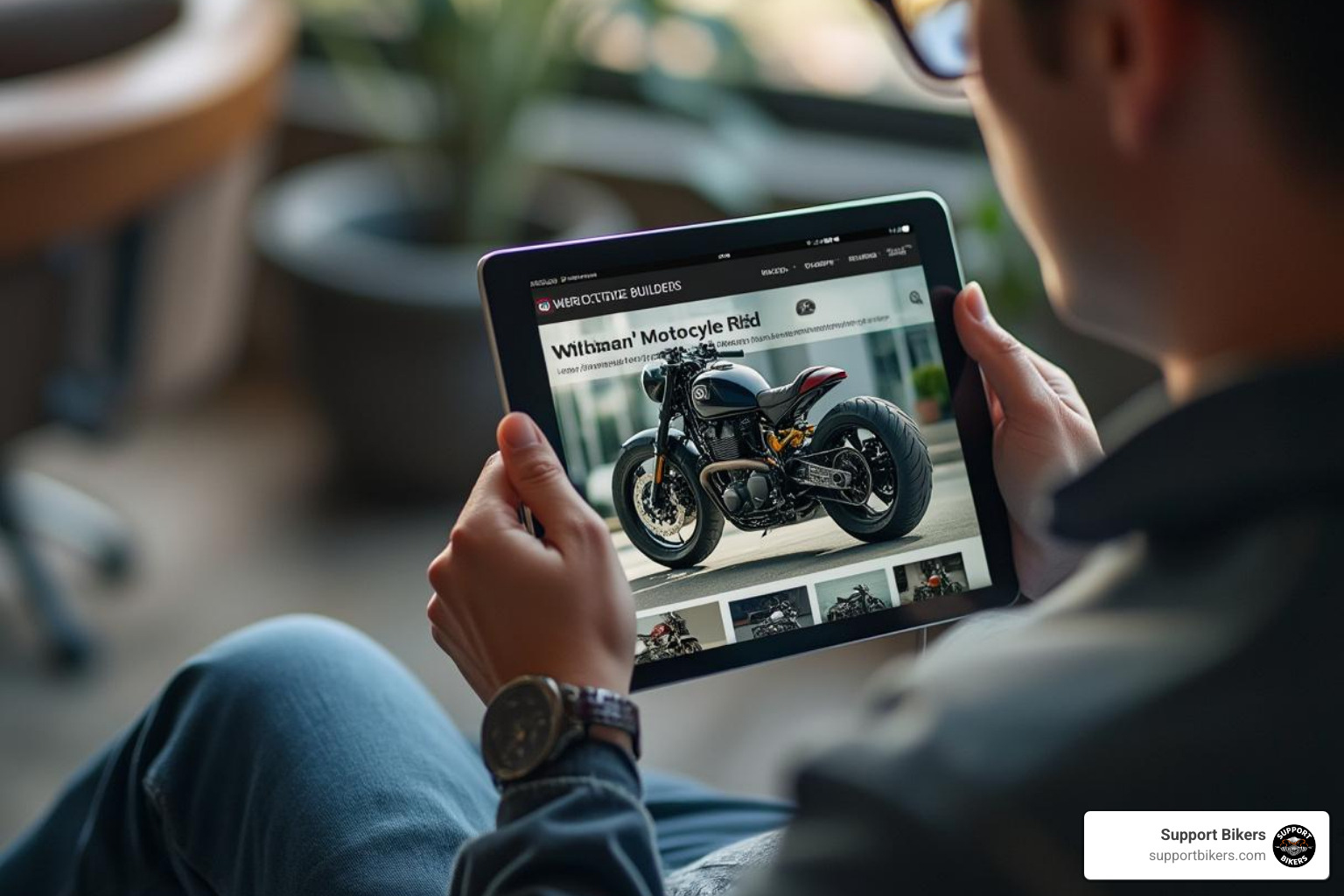 person browsing a directory of custom motorcycle builders on a tablet - custom motorcycle builders