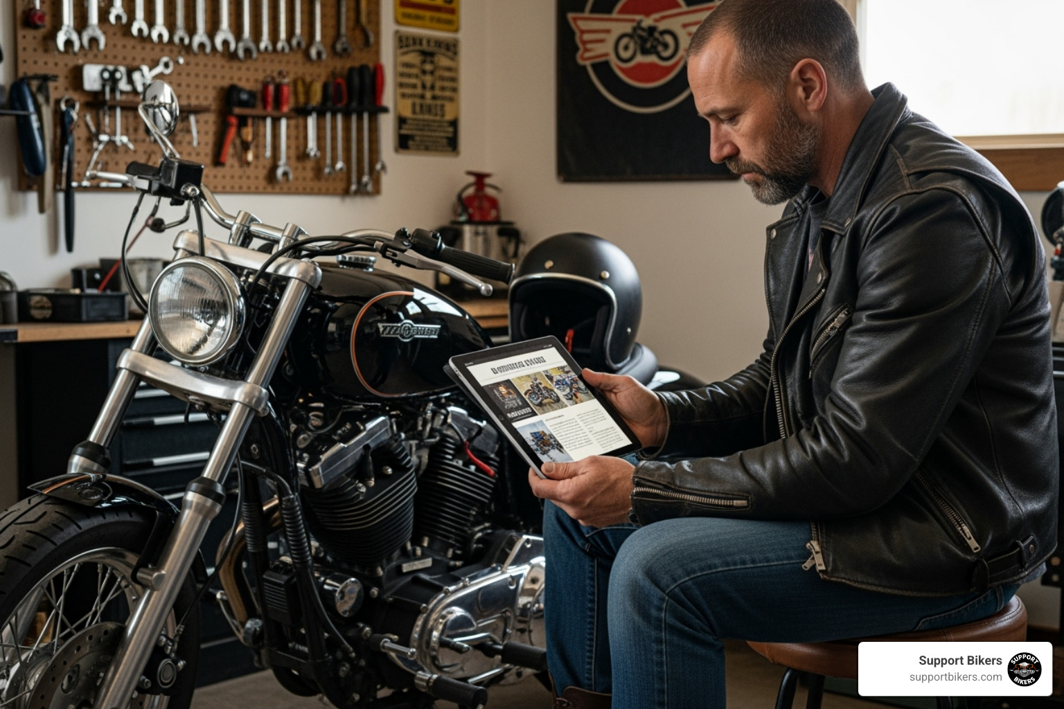 biker using a tablet to browse a digital motorcycle blog - Biker culture magazine
