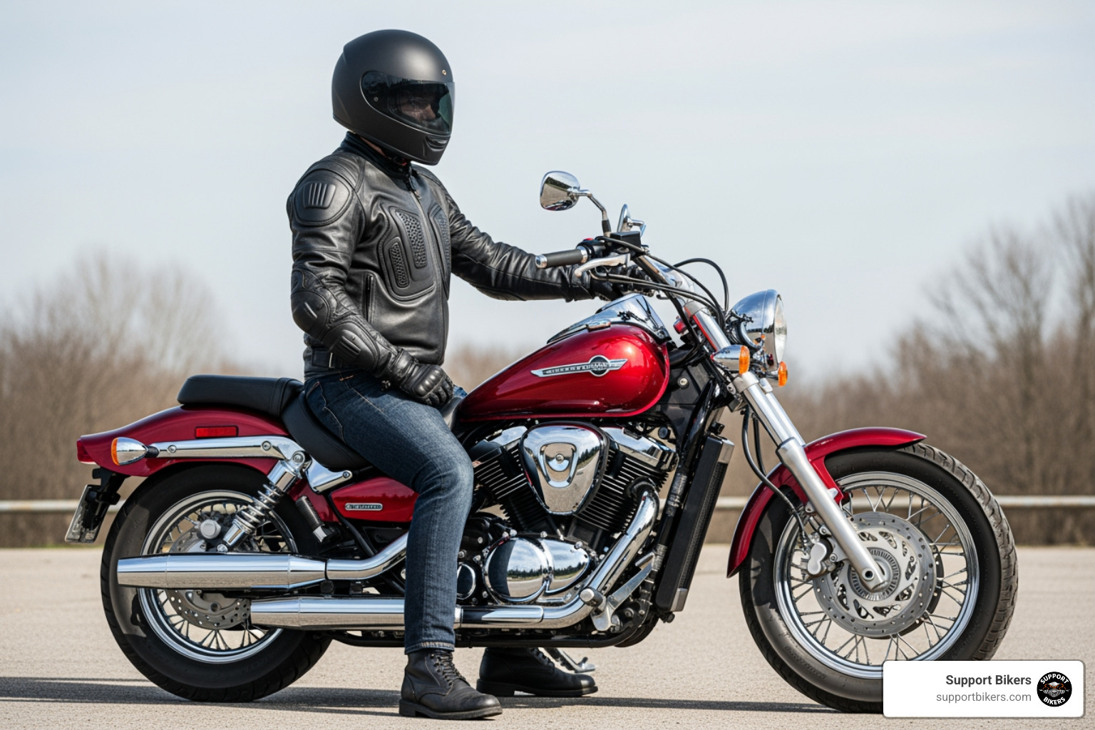 of a rider demonstrating the ability to place both feet flat on the ground while seated on a cruiser - Choosing Your First Motorcycle of a rider demonstrating the ability to place both feet flat on the ground while seated on a cruiser - Choosing Your First Motorcycle
