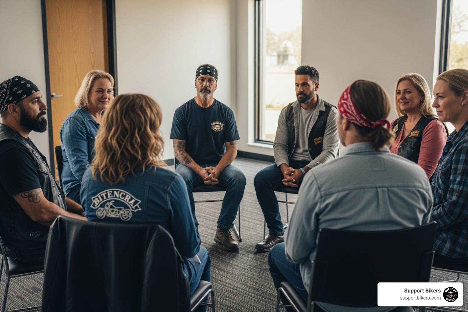 group of people in a supportive meeting setting, with subtle hints of the motorcycle community - Support group for amputees
