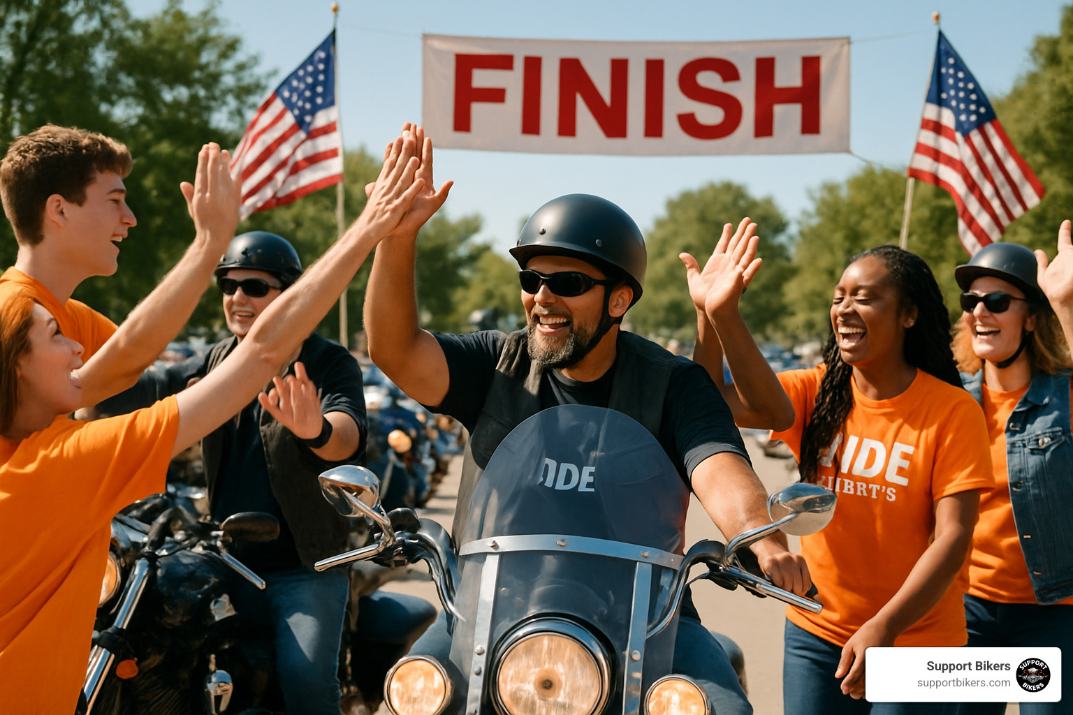 Riders giving high-fives at charity ride finish line celebration - motorcycle ride for charity